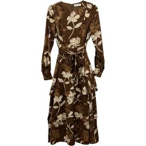 Doe and Rae Brown Floral Tiered Maxi Dress Long Sleeve Waist Tie Small